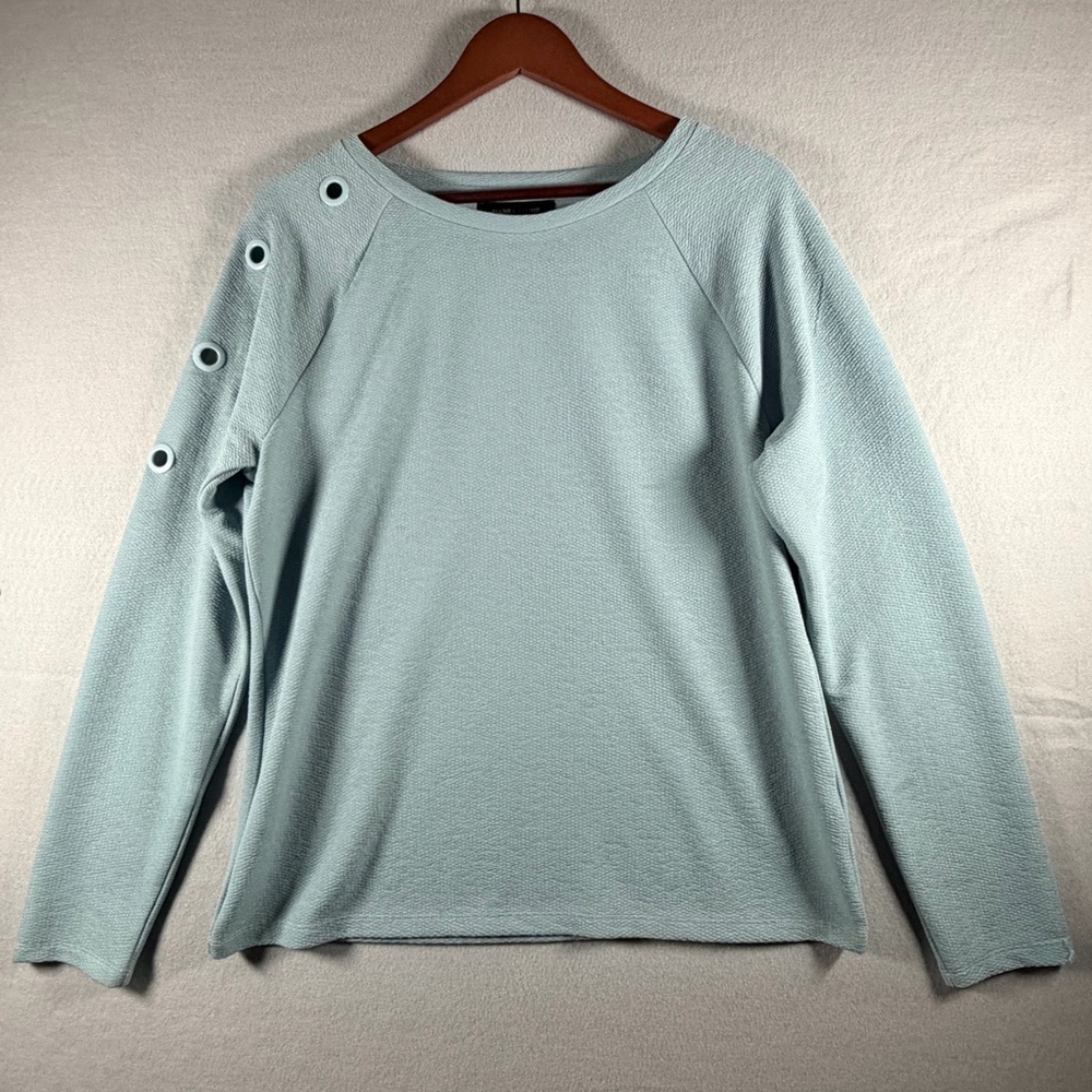 IVANKA TRUMP WOMENS L SAGE GREEN TEXTURED KNIT TOP GROMMET SHOULDER LONG SLEEVE